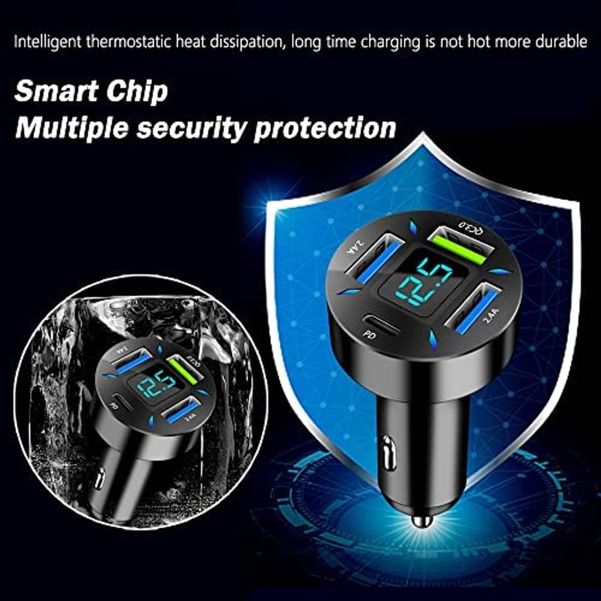 Black USB car charger with blue LED voltmeter, 4 ports, including Type-C