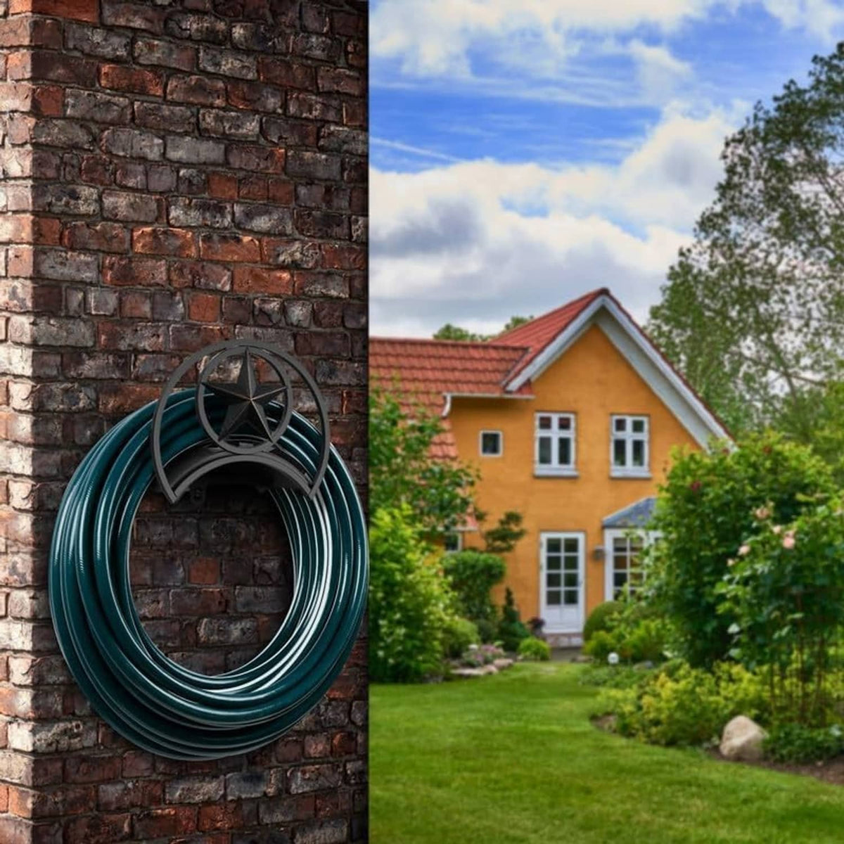 Decorative black hose wall holder with star emblem holding teal garden hose coil on brick wall