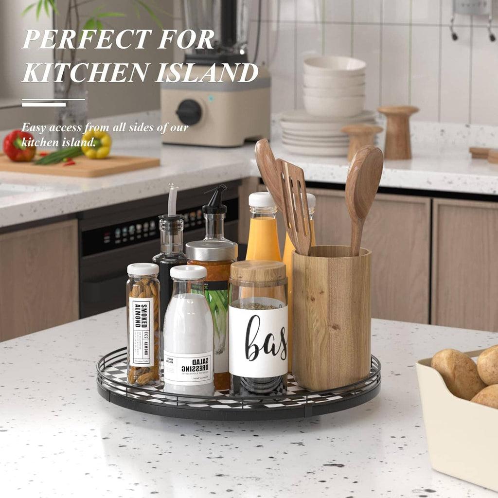 Round checkered lazy susan turntable with bottles, jars, and wooden utensil caddy