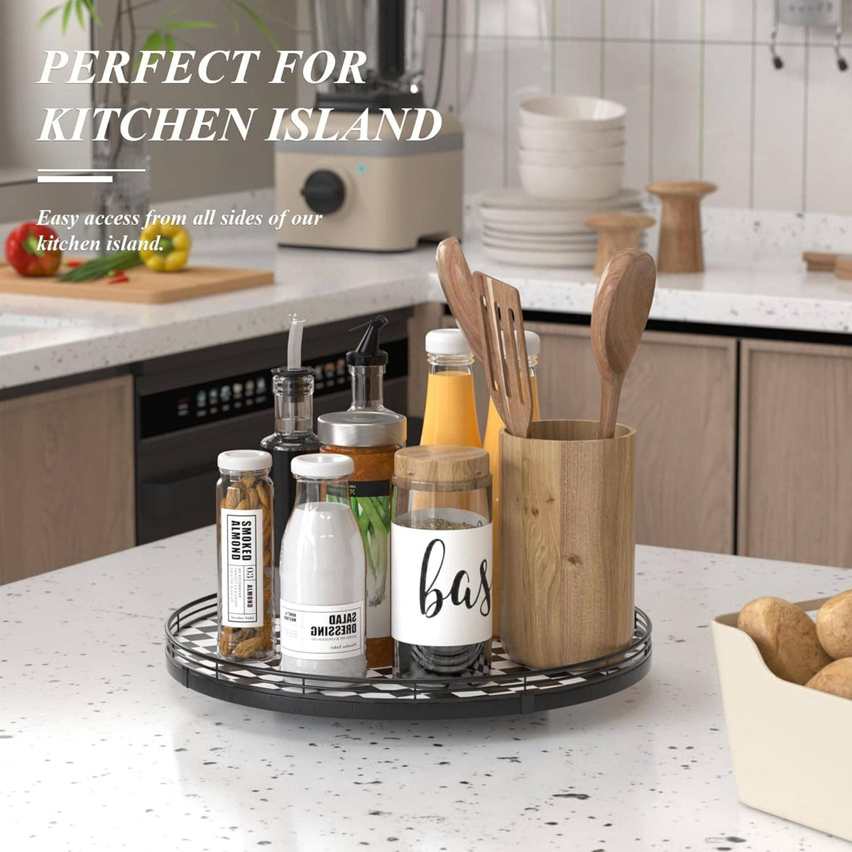 Round checkered lazy susan turntable with bottles, jars, and wooden utensil caddy