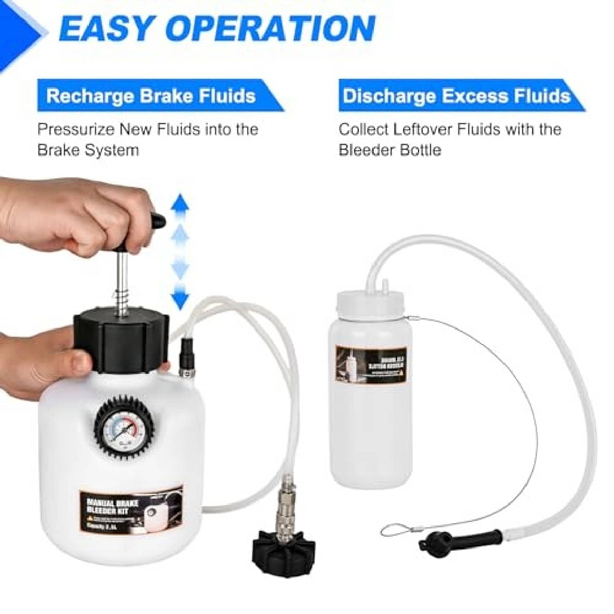 Manual brake bleeder kit for fluid refill, with white bottle and connected hoses