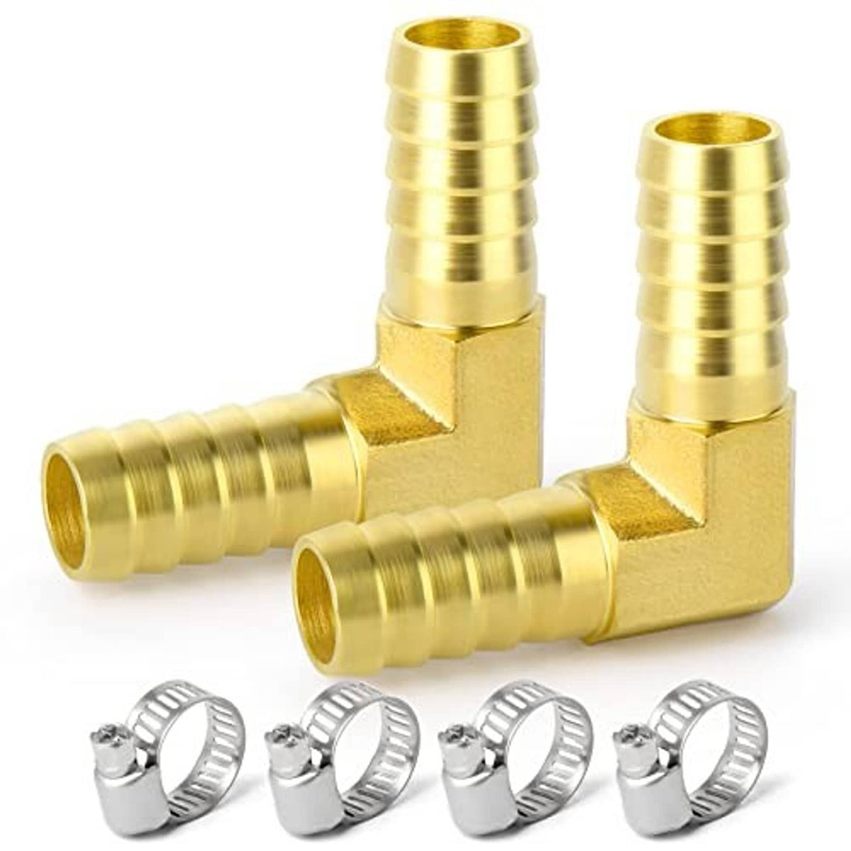 90-degree brass hose barb elbow with two barbed hose connection ends