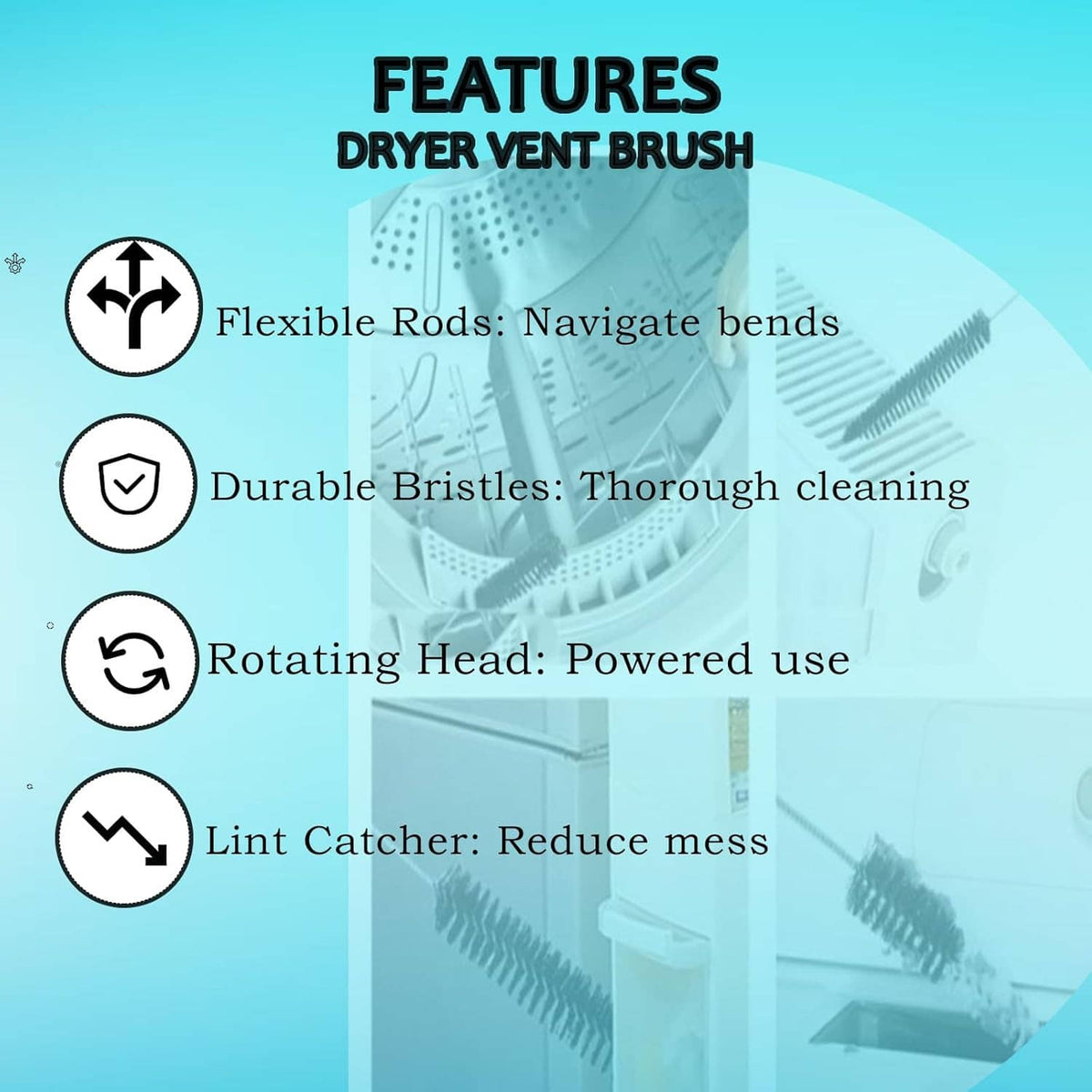 Dryer vent brush features diagram with flexible rods and lint-catcher design