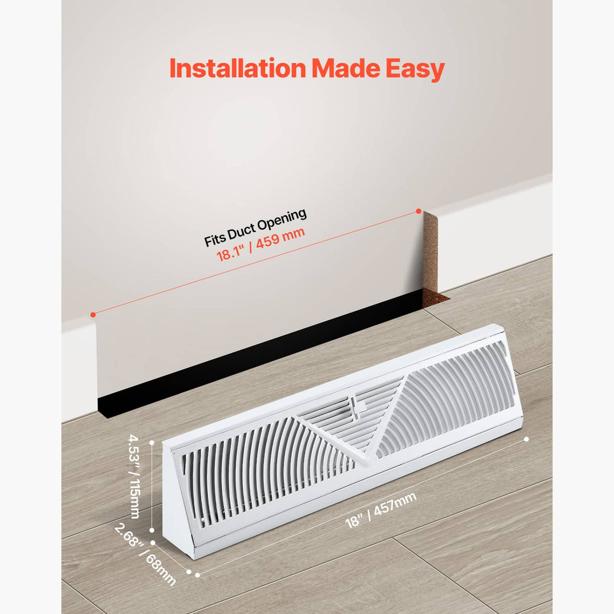 18-inch baseboard-style HVAC register vent with louvered grille and end mounting flanges
