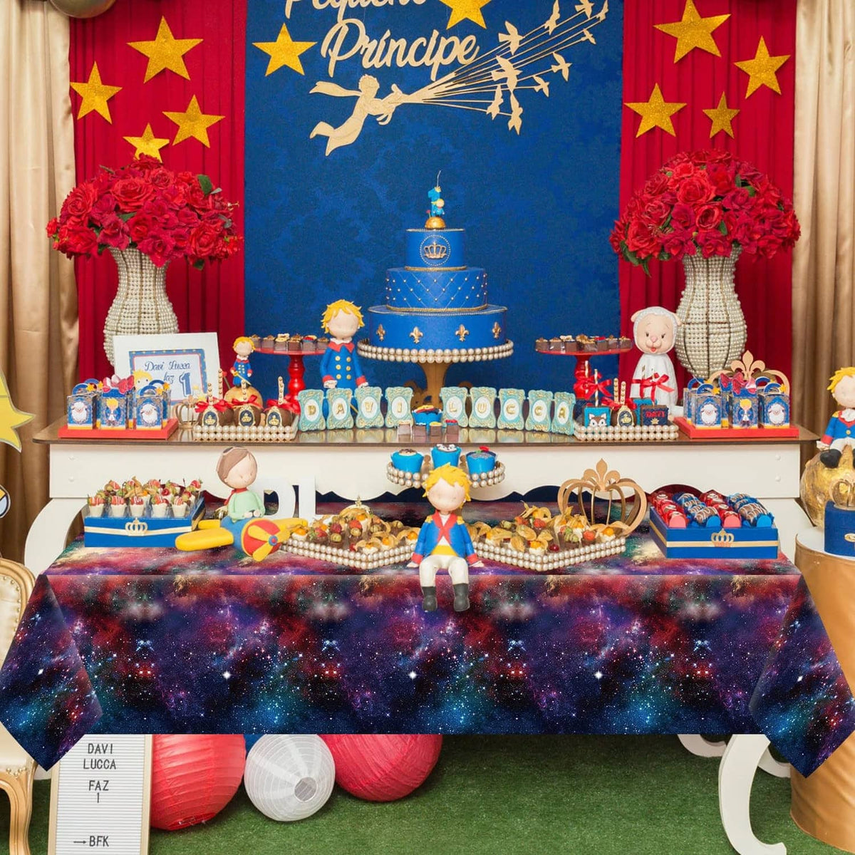 Galaxy starry space plastic tablecloth on dessert table, dark nebula star pattern