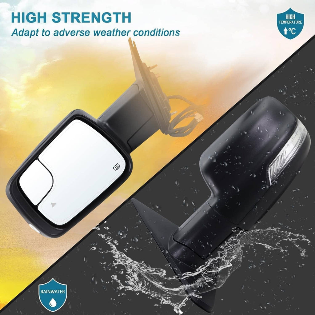 Left driver side heated mirror with black housing and clear glass, shown with water spray