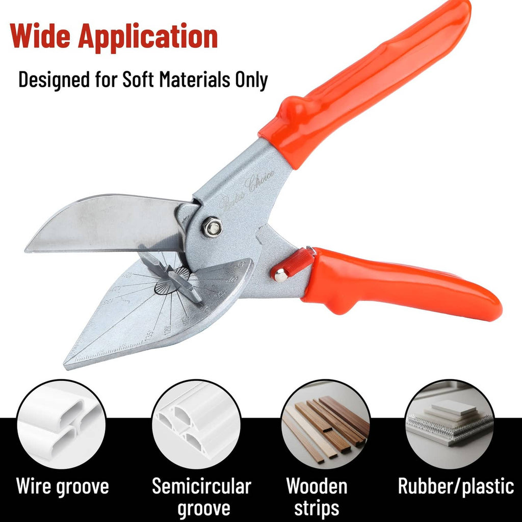Miter shears with wide application head and stainless blade for soft materials