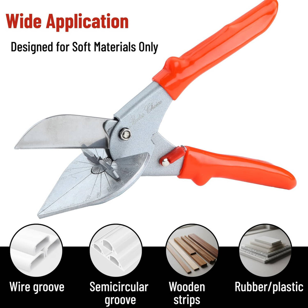 Miter shears with wide application head and stainless blade for soft materials