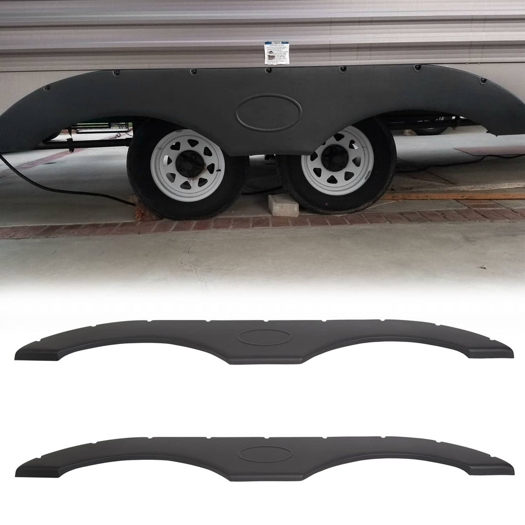 Black RV fender skirt set with two curved panels, oval center detail and mounting holes