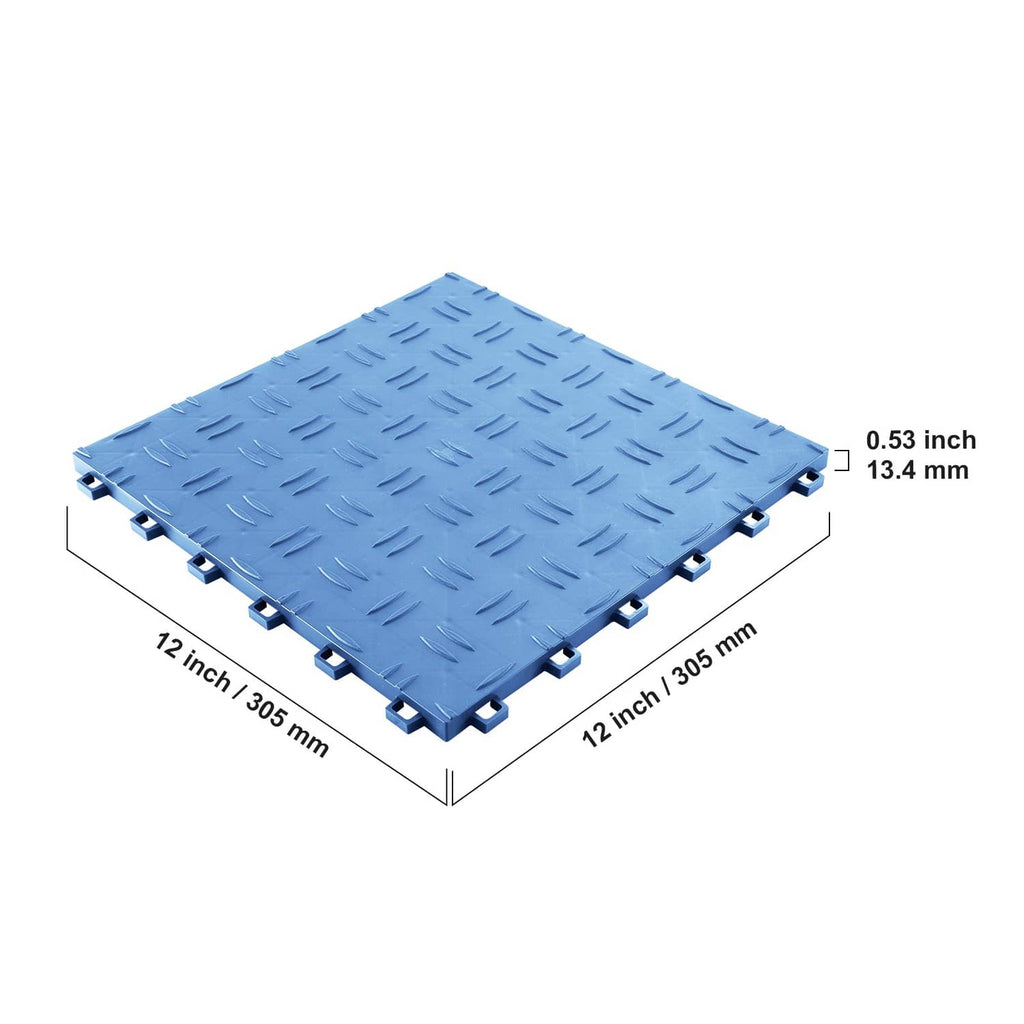 Blue square interlocking garage floor tile with snap connectors on all four sides