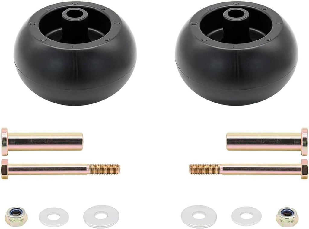 Mower deck wheel kit with two black wheels, axle bolts, washers, and lock nuts