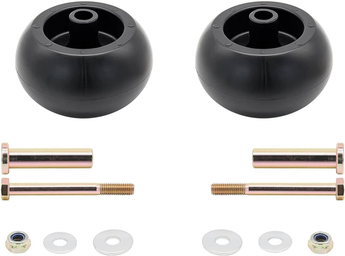 Mower deck wheel kit with two black wheels, axle bolts, washers, and lock nuts