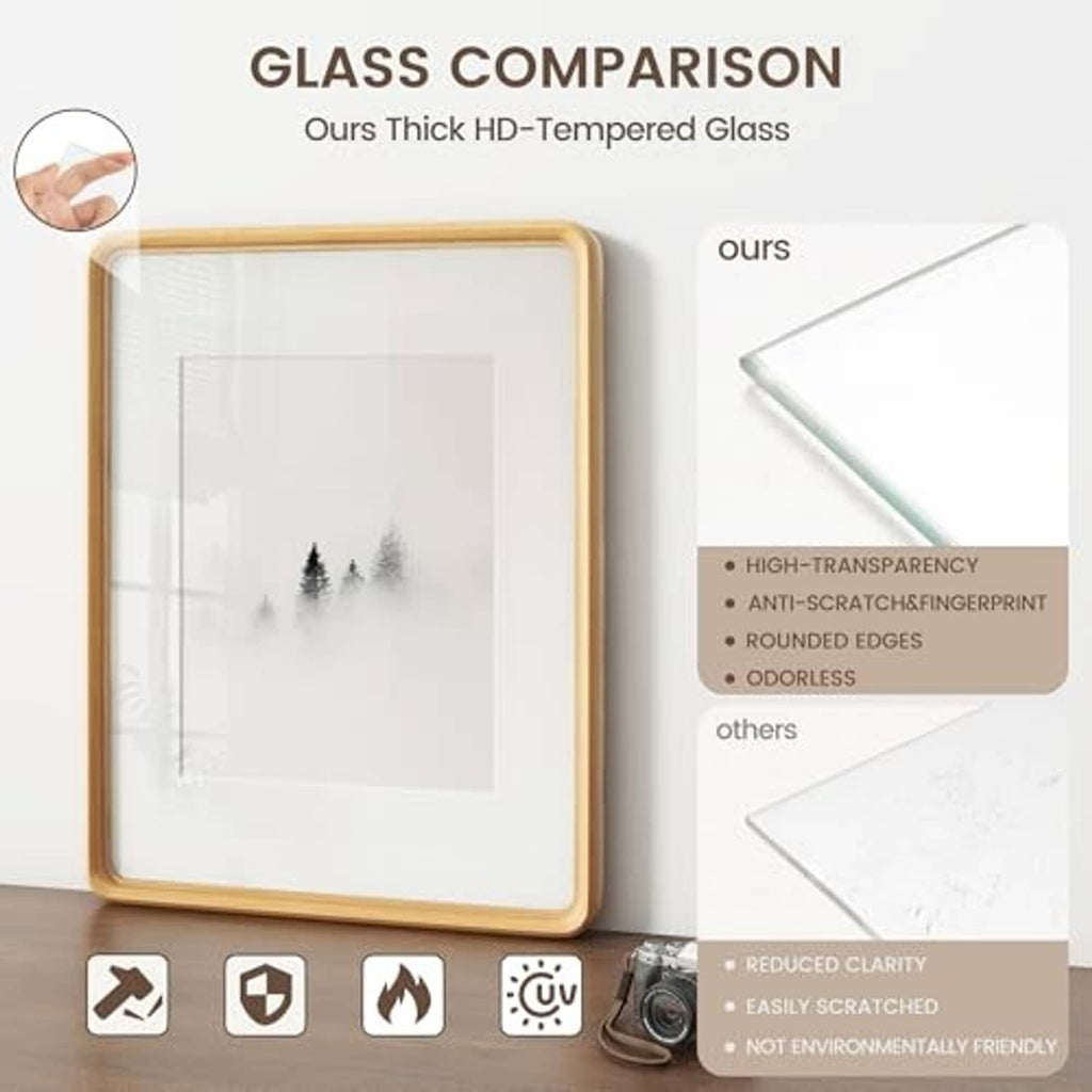 Beech wood picture frame with clear glass, rounded edges, comparison view