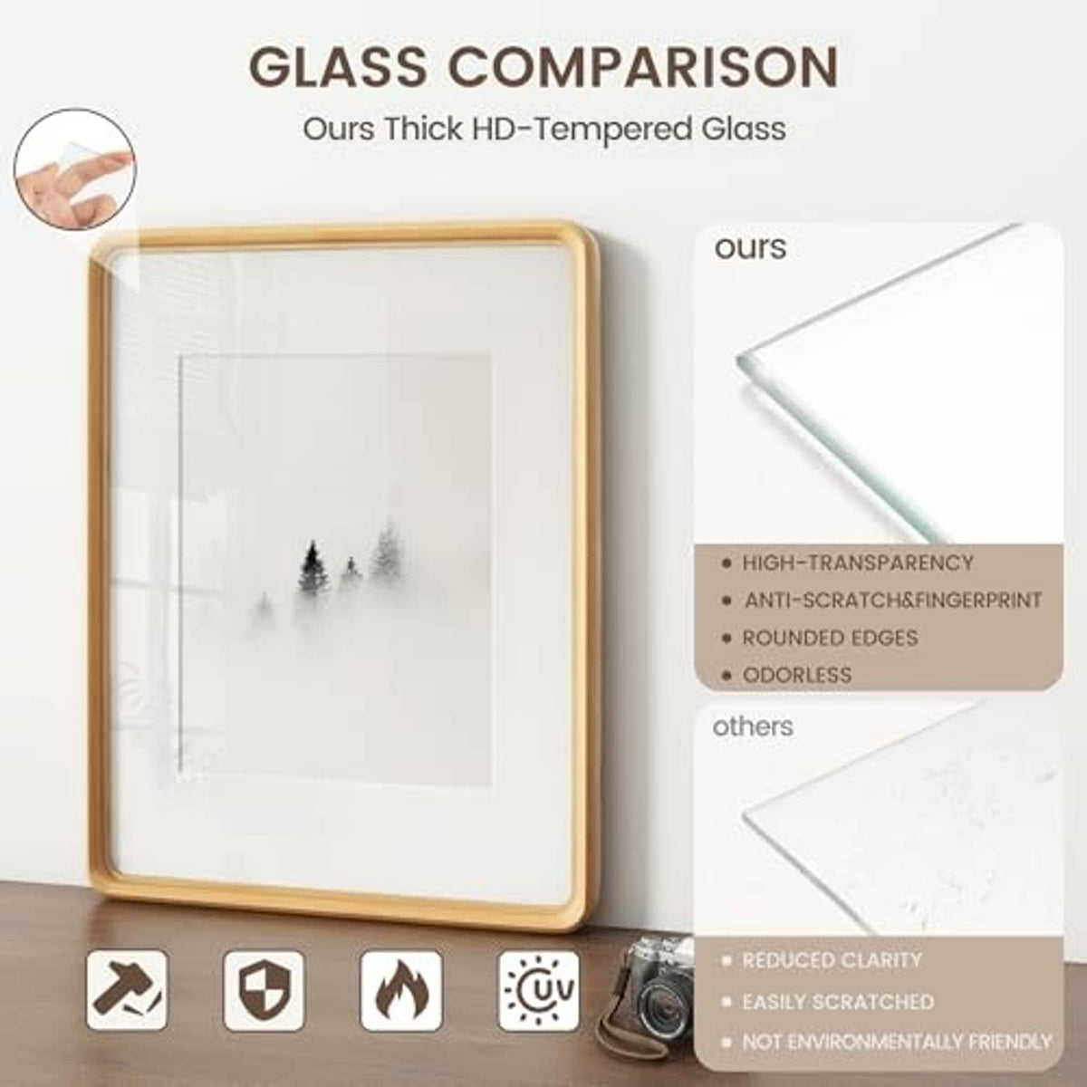 Beech wood picture frame with clear glass, rounded edges, comparison view