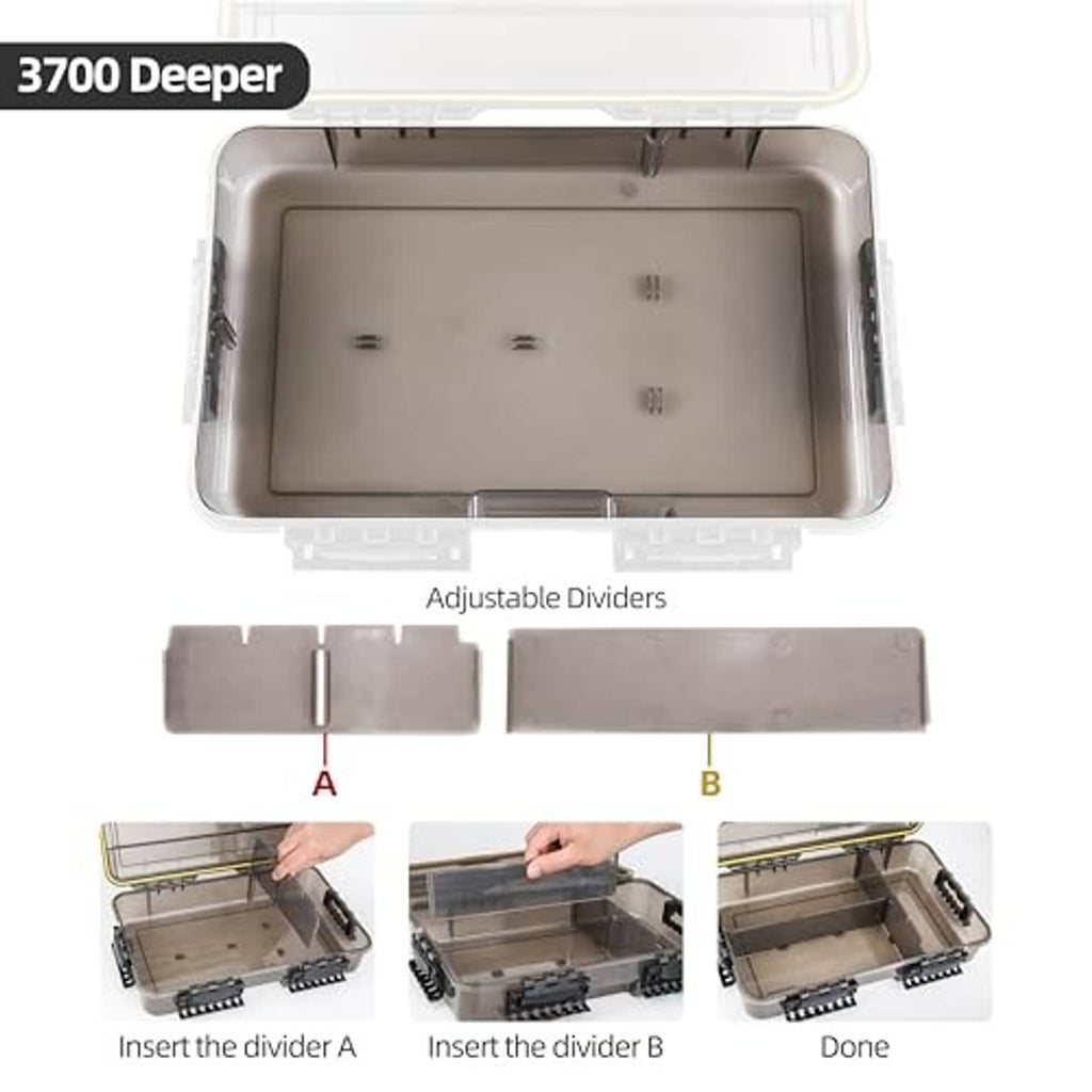 Deep fishing tackle box with adjustable dividers and internal tray, top view