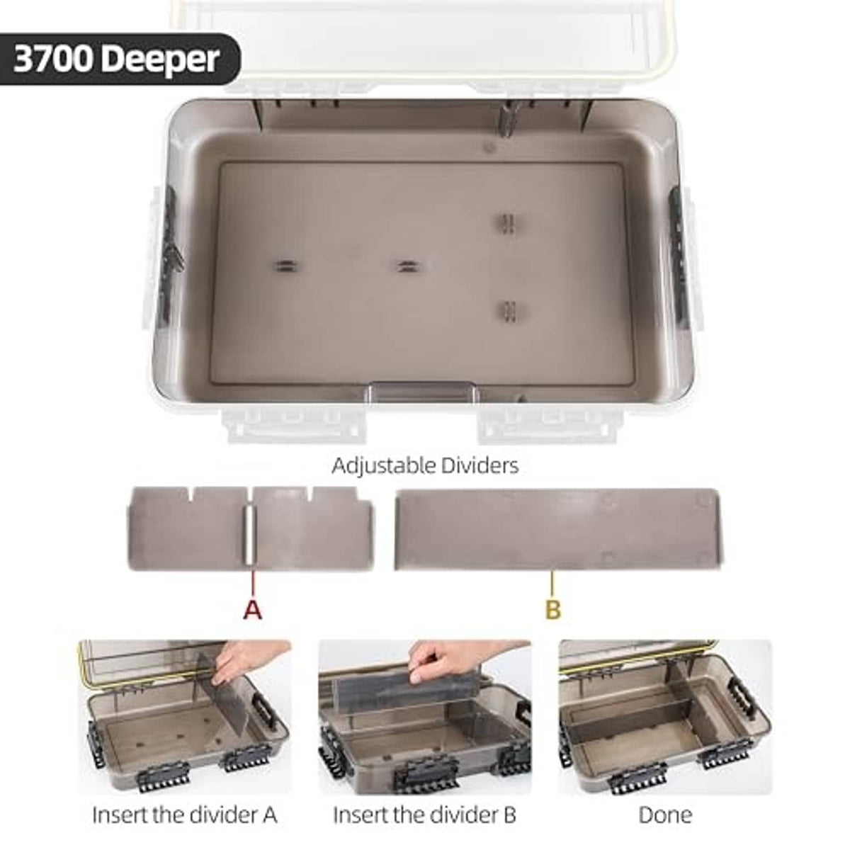 Deep fishing tackle box with adjustable dividers and internal tray, top view