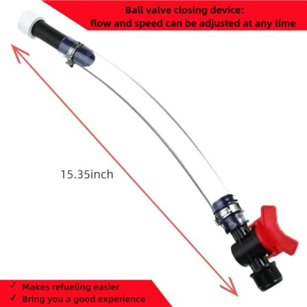 Racing fuel jug hose with red ball valve shutoff and 15.35-inch hose