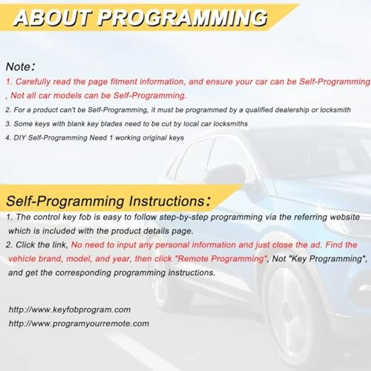 Key fob programming instructions card with self-programming notes and website links