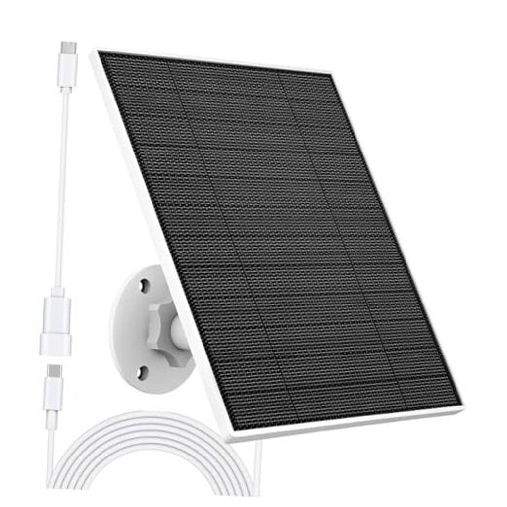Solar panel charger with dark photovoltaic panel, white cable, and wall socket mount