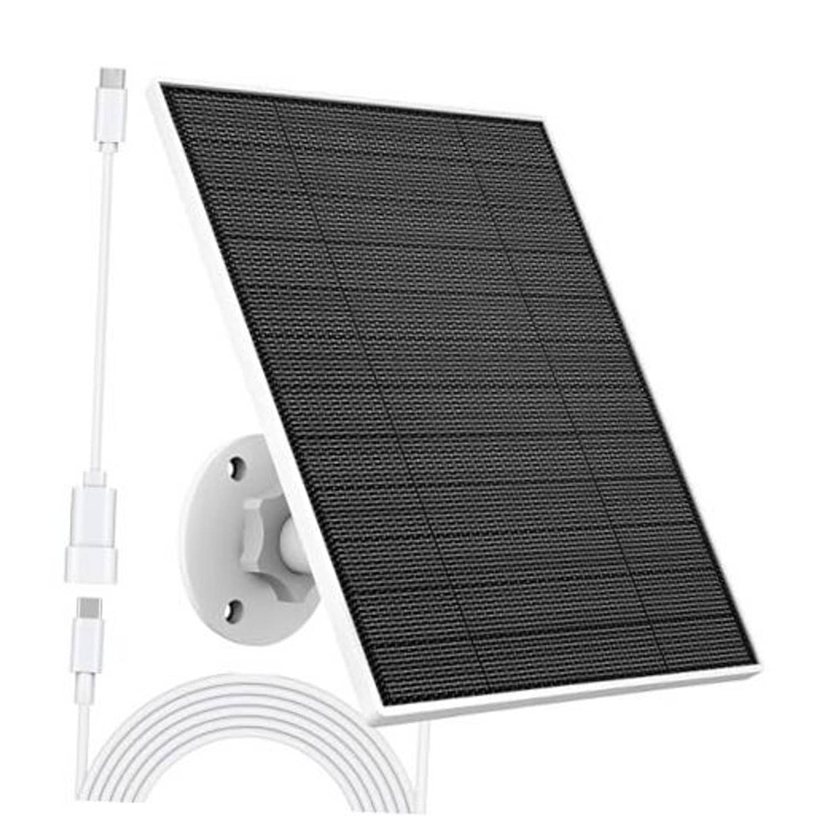 Solar panel charger with dark photovoltaic panel, white cable, and wall socket mount