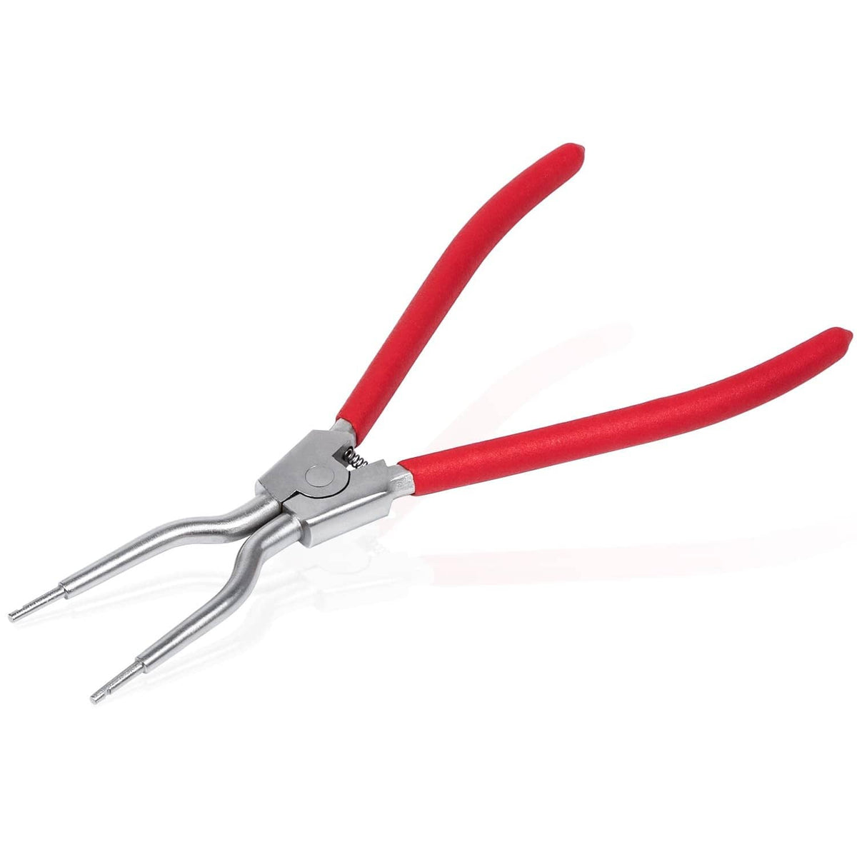 Red-handled washing machine spring expansion tool with open prongs and clamp hinge