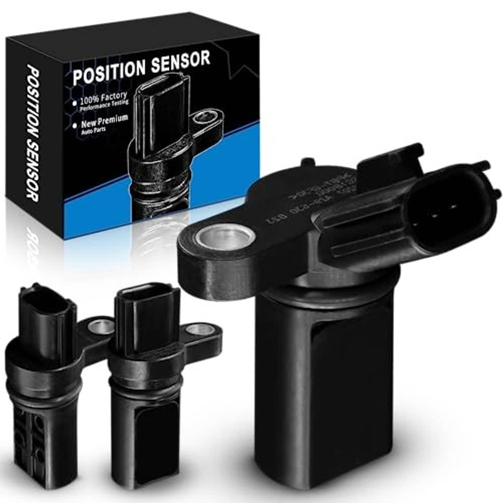 Camshaft position sensor with black housing, circular metal sensor ring, and plug connector