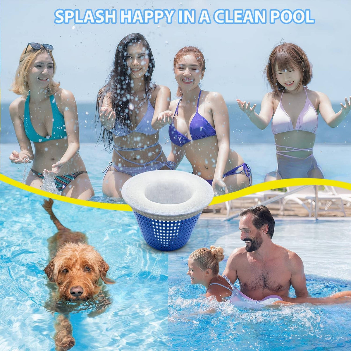 Blue pool skimmer sock basket with white rim, ultra-fine mesh for collecting debris