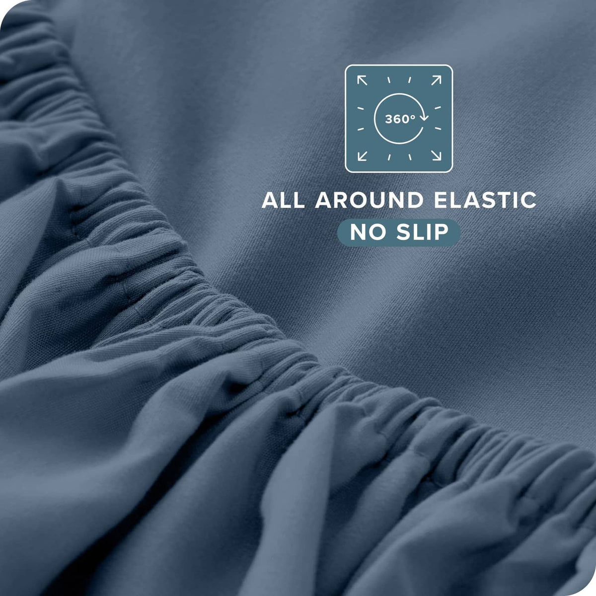 Close-up of blue fitted sheet fabric with gathered elastic trim around the edge
