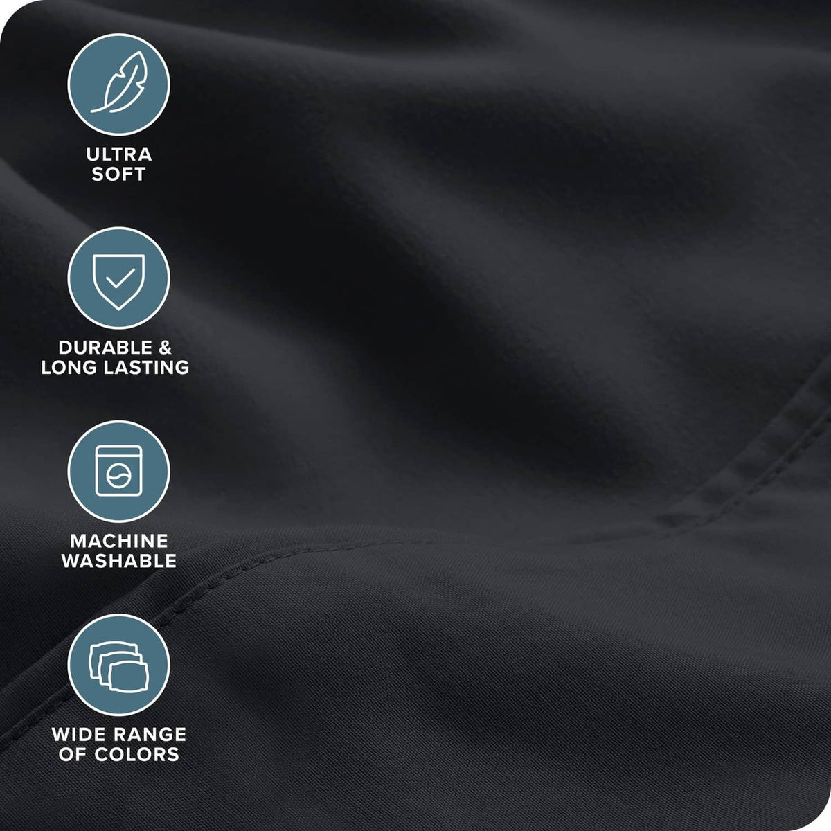 Black microfiber sheet fabric close-up with soft, durable, machine-washable icons.