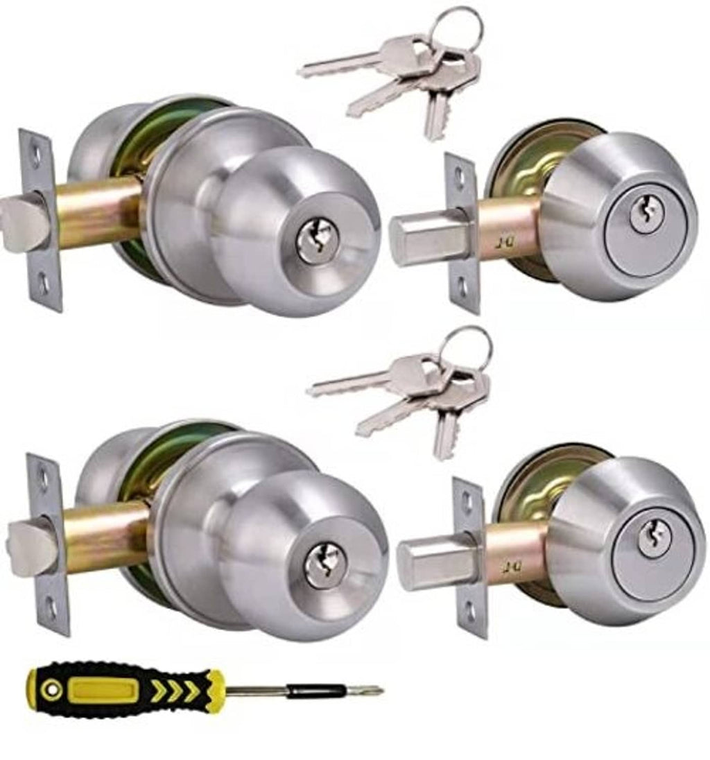 Two-pack keyed deadbolt lockset set with metal cylindrical locks and keys.