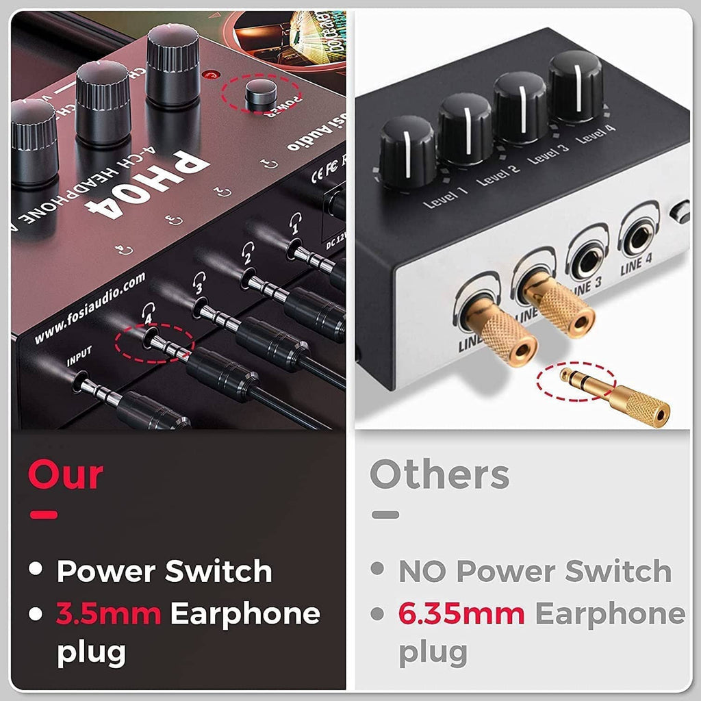 4-channel headphone amplifier close-up of front panel controls and headphone 3.5mm jack