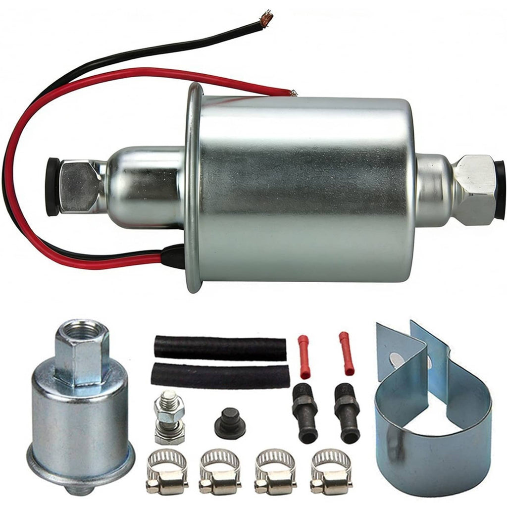 Electric fuel pump kit with metal pump body, hoses, clamps, and mounting parts