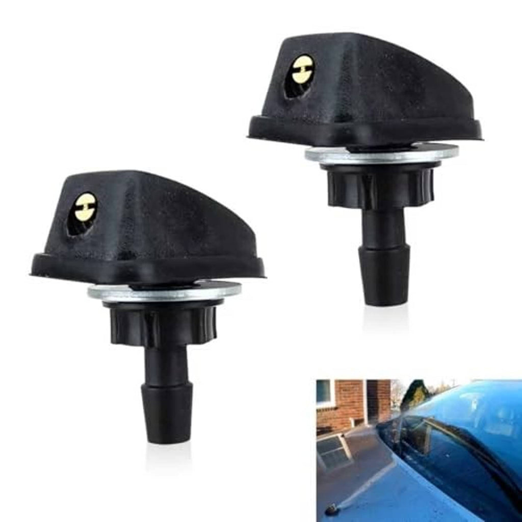 Two black windshield washer nozzles with adjustable spray head and mounting stem