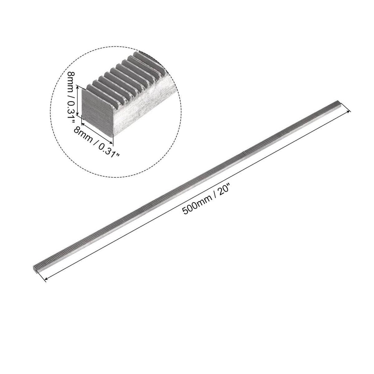 Straight carbon steel gear rack, 500mm length, close-up of tooth profile