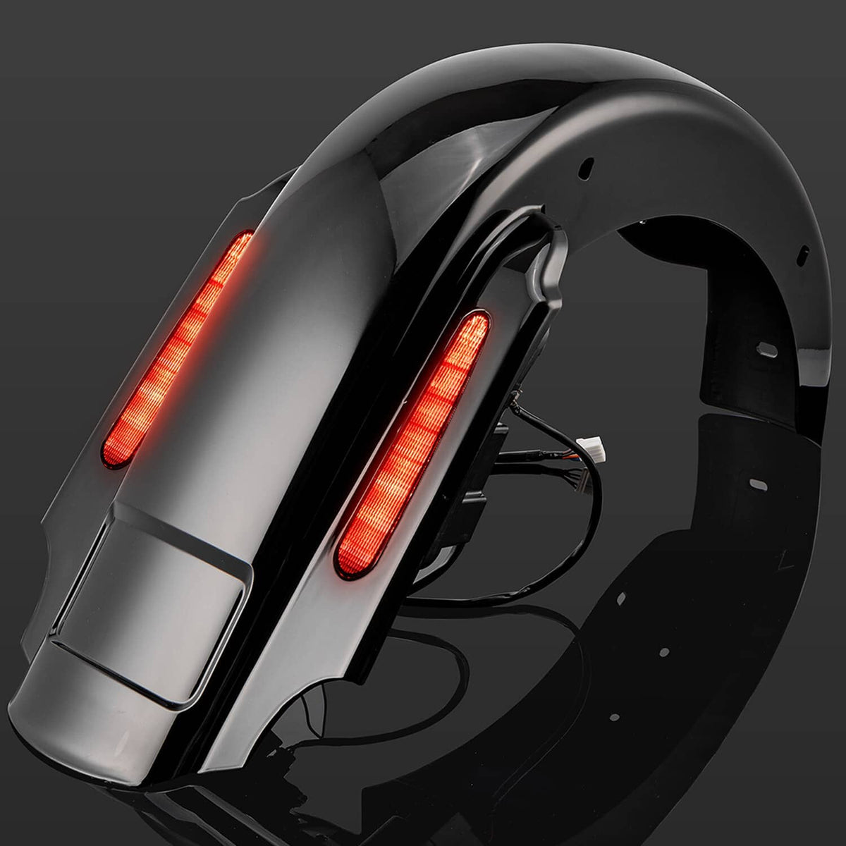 Black LED rear fender extension with two red vertical LED strips and wiring