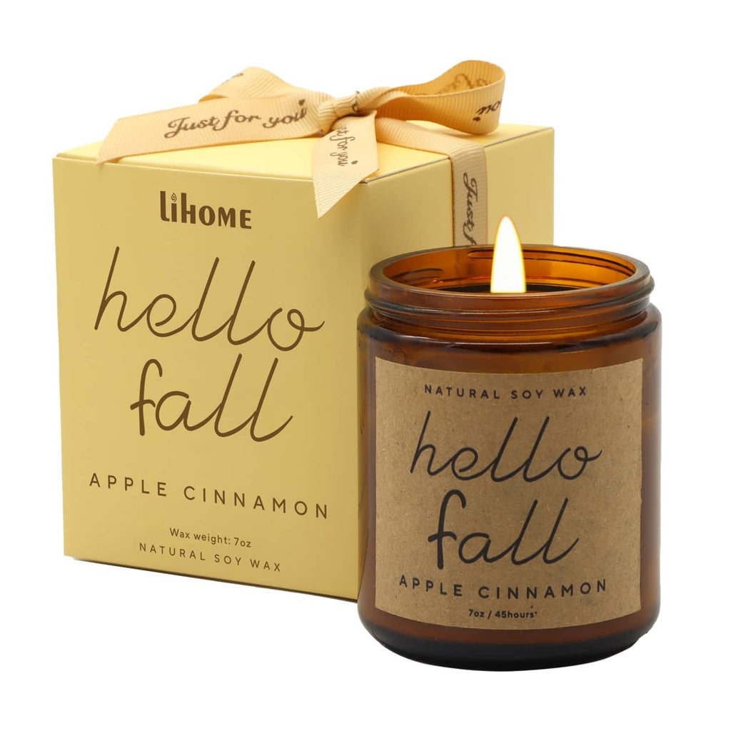 Hello Fall apple cinnamon soy candle with matching gift box and amber jar