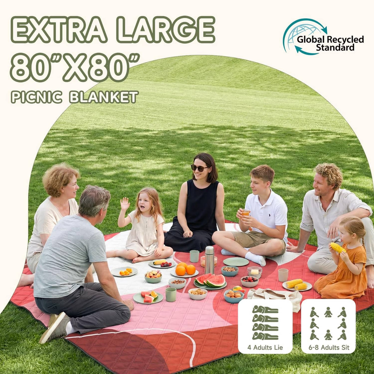 Extra-large green picnic blanket with white wave border pattern.