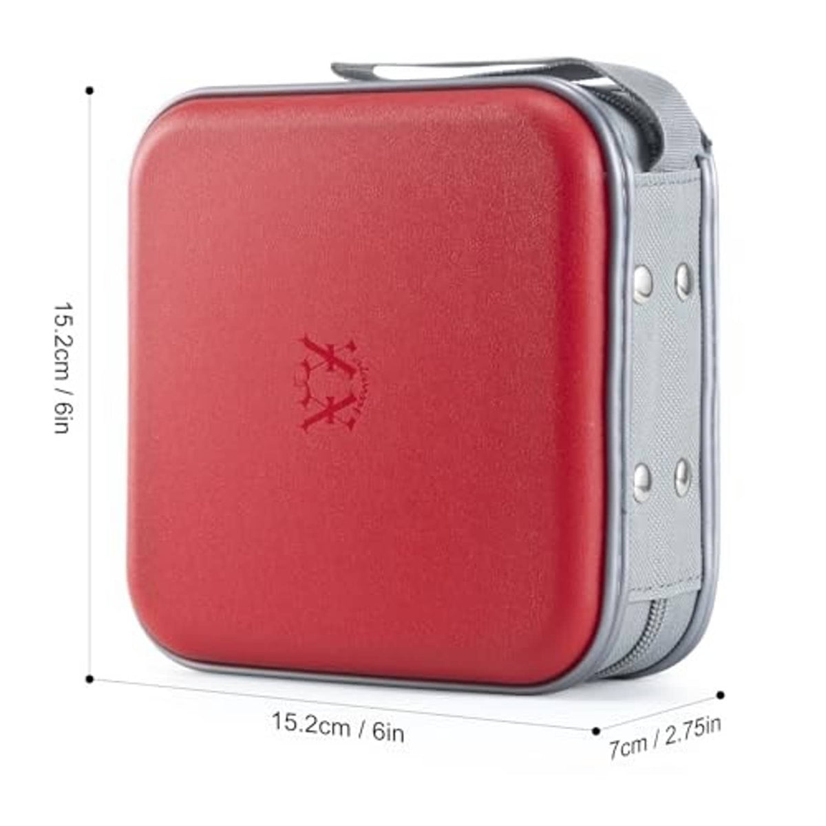 Red hard-shell CD/DVD zipper wallet with gray strap and metal rivet details