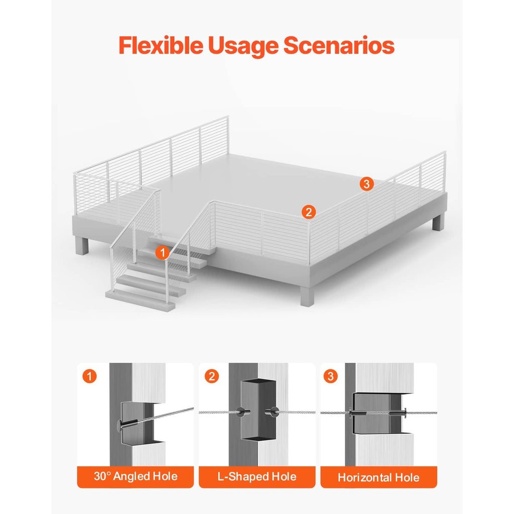 Stainless steel cable railing post for deck corner, L-shape, and horizontal layouts