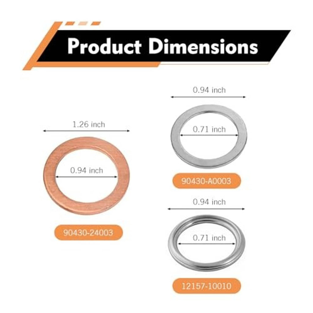Copper and silver drain plug crush gaskets, shown with size measurements