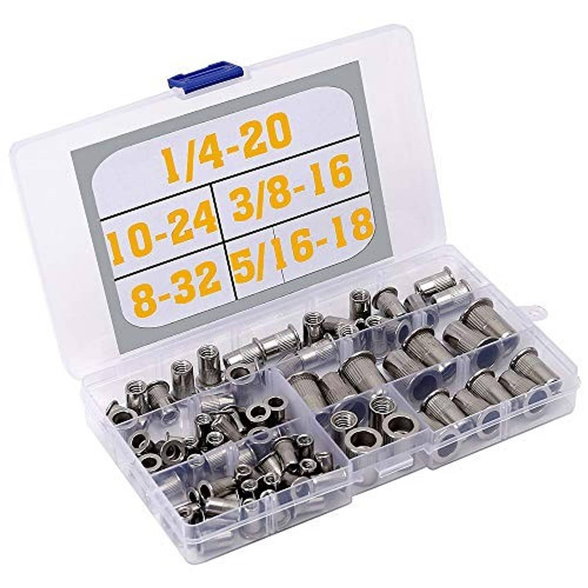 Rivet nut kit case with mixed silver rivet nuts, showing size labels 1/4-20 and 8-32