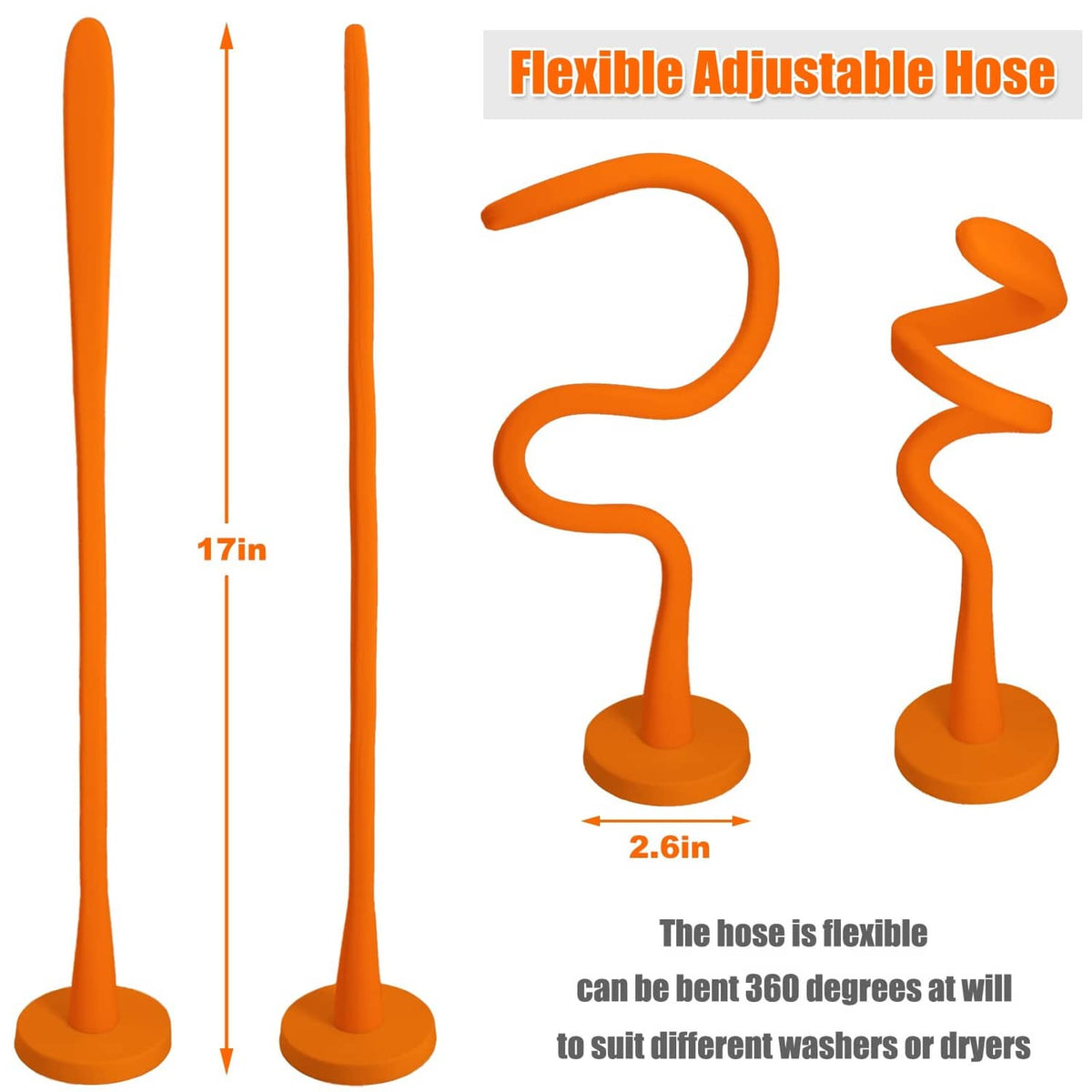 Orange flexible adjustable hose for washer door prop with two rubber bases
