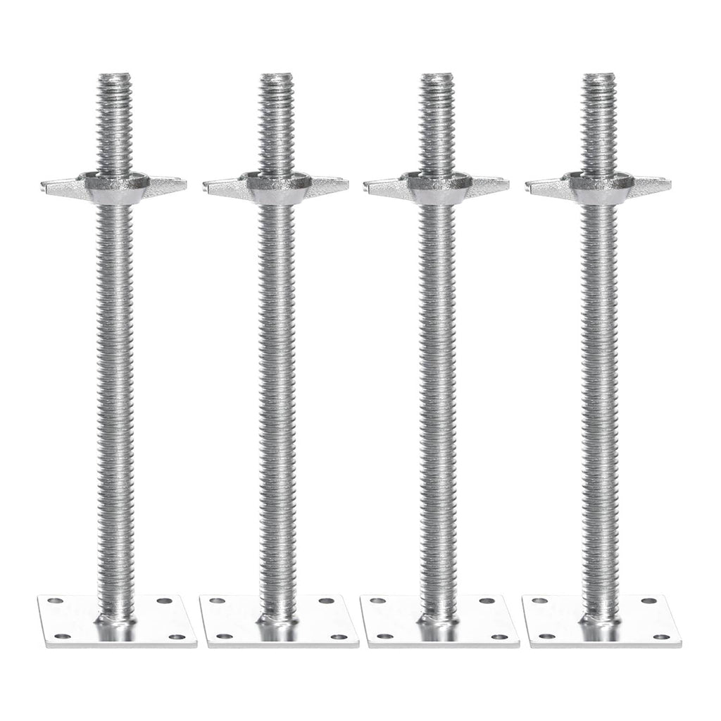 Four silver leveling jacks with threaded rods and square base plates on a row