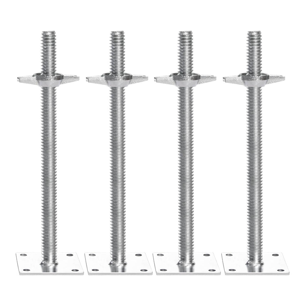Four silver leveling jacks with threaded rods and square base plates on a row