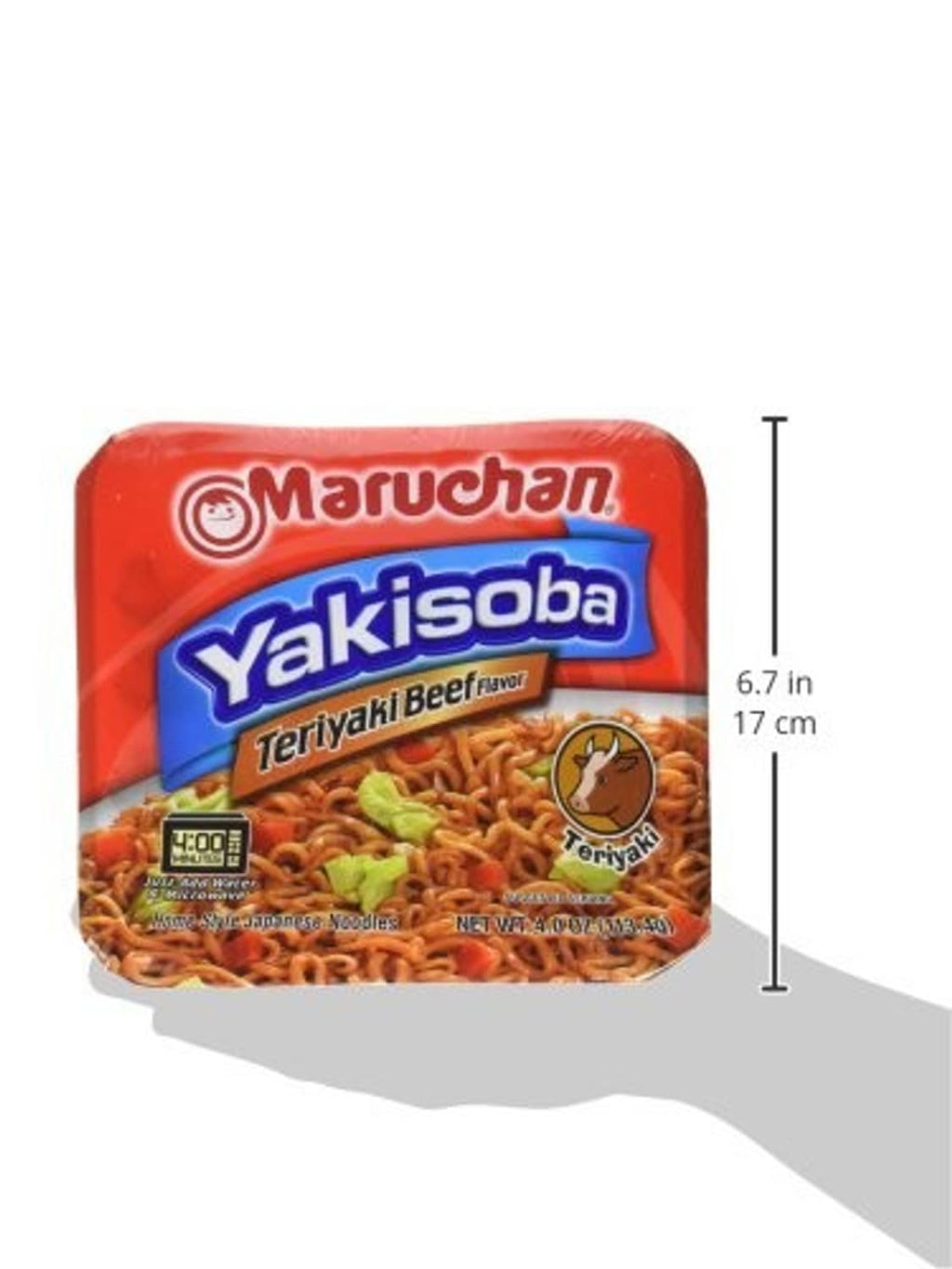 Maruchan Yakisoba teriyaki beef instant ramen pack with 6.7 in height marker