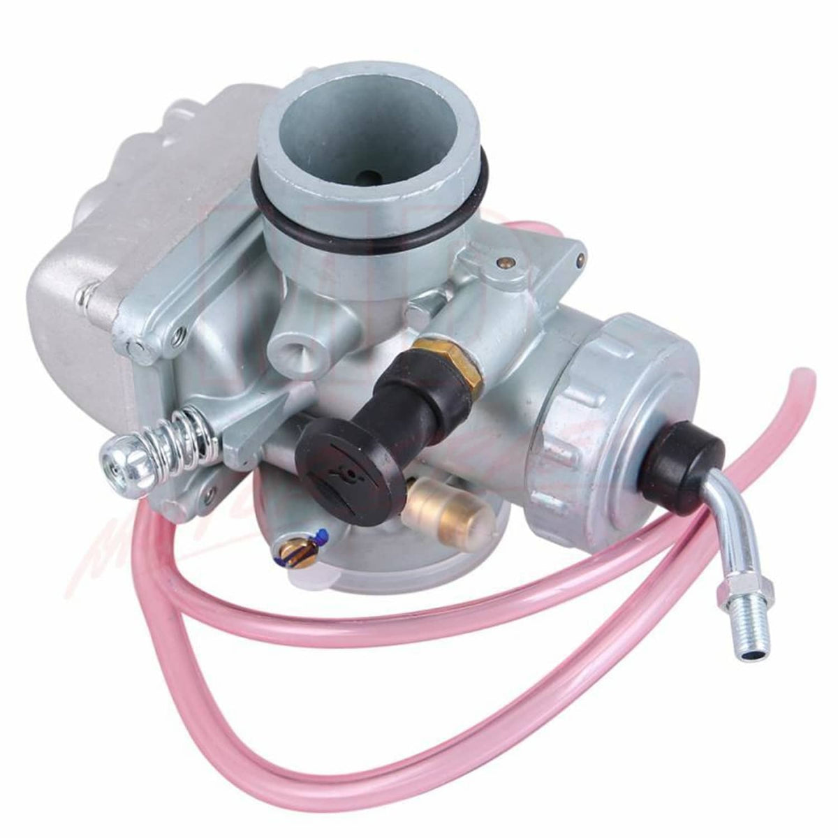 Carburetor assembly with silver body, black intake boot, and pink fuel line hoses