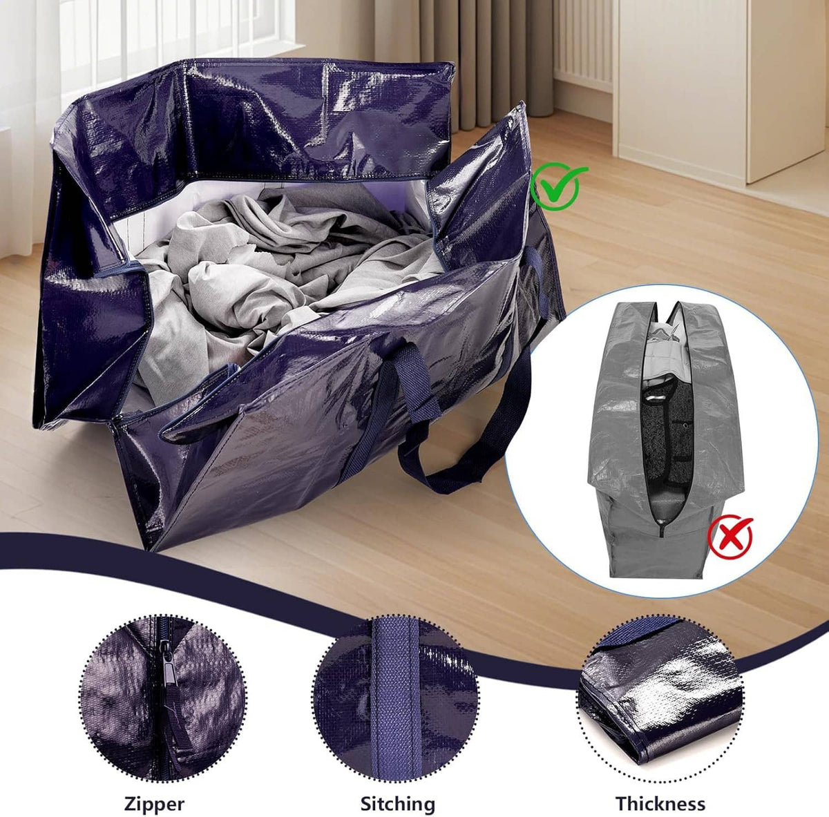 Open blue moving storage bag with zipper opening and carry handles, bedding inside