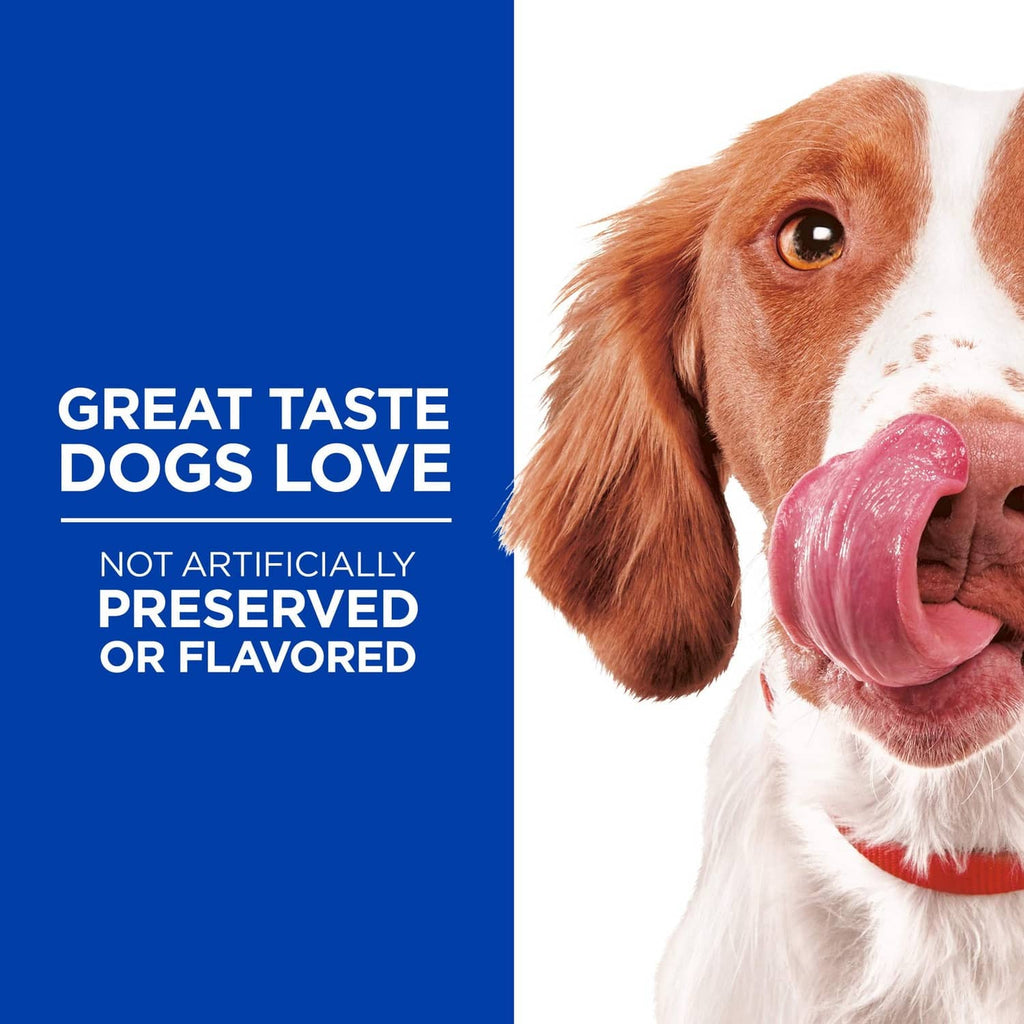 Marketing panel for dog treats featuring a brown-and-white dog licking its nose