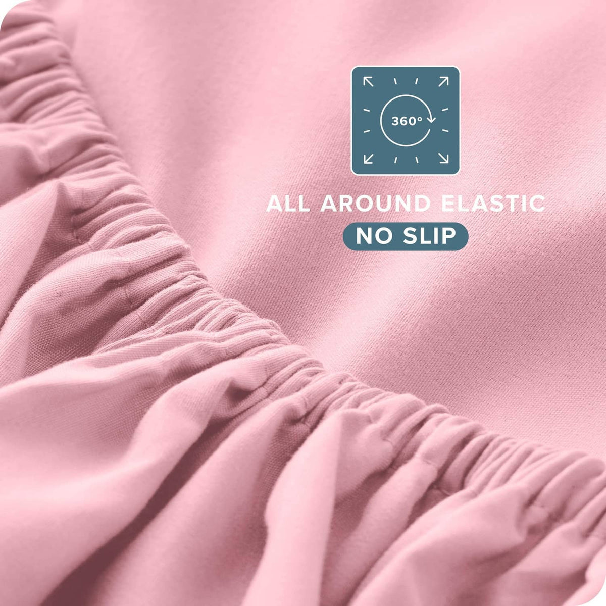 Light pink fitted sheet with gathered all-around elastic edge and smooth knit fabric