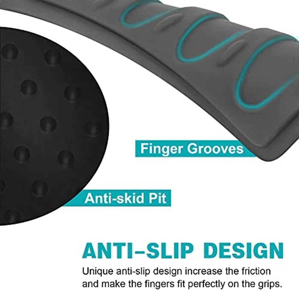Black rubber handlebar grip with finger grooves, anti-skid dot texture on end